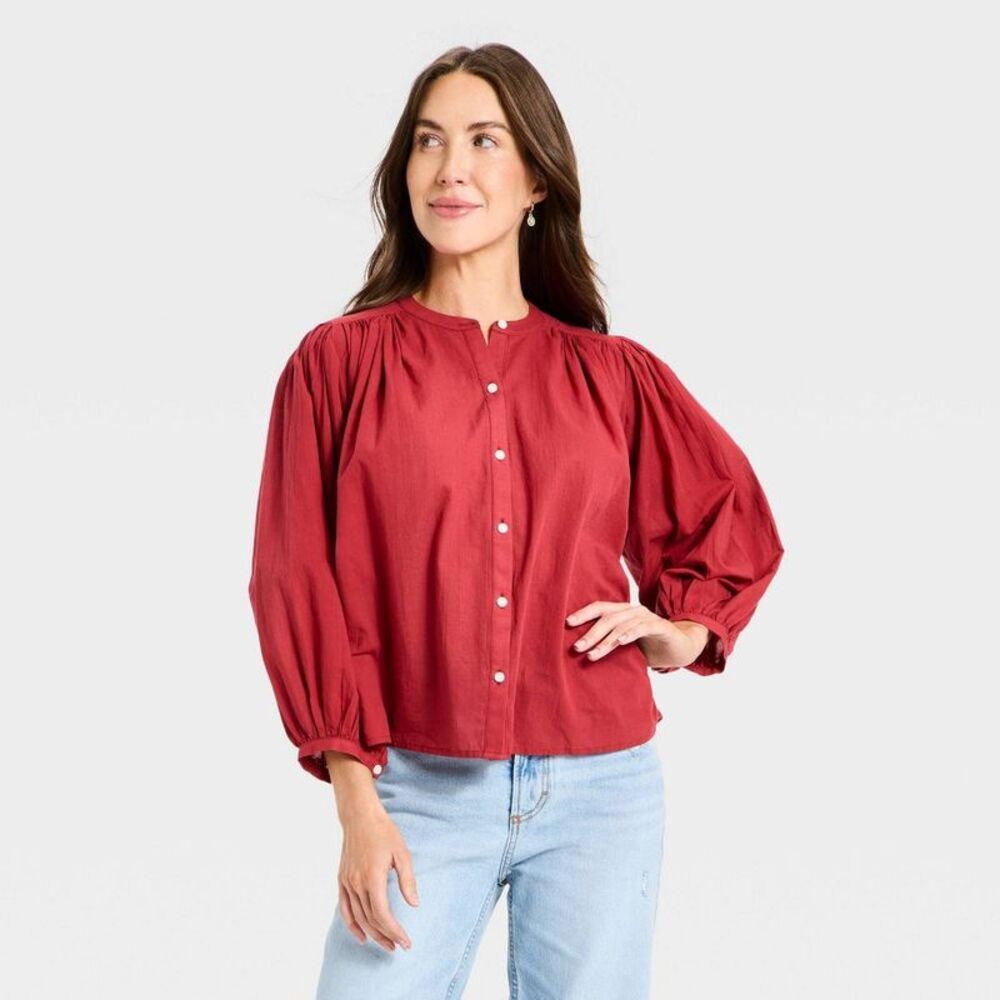 Women's Puff Long Sleeve Banded Collar Neck Blouse - Universal Thread Red M